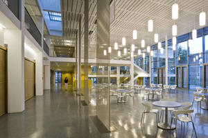 Large windows, shown in this photo, bring daylight into the building. Perimeter spaces are cooled with natural ventilation. - Photo Credit: Paul Crosby