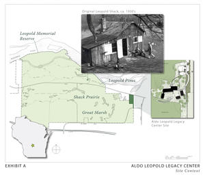 The Legacy Center is located among the rolling hills of central Wisconsin on the Leopold Reserve. This image shows the project's geographical and ecological context. - Photo Credit: The Kubala Washatko Architects, Inc.