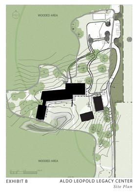 The image shows the project site plan. The project team allowed ecological and cultural values to determine the building placement. The site provides a trailhead to the Leopold Shack and is located on a previously disrupted area. - Photo Credit: The Kubala Washatko Architects, Inc.