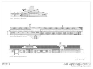 These drawings show the main building's east, south, and north elevations. The long, narrow building footprint allows for natural ventilation and daylighting. - Photo Credit: The Kubala Washatko Architects, Inc.