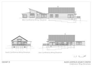 These drawings show the conference wing's west, south, and east elevations. A narrow passageway connects the conference wing to the main administrative wing. - Photo Credit: The Kubala Washatko Architects, Inc.