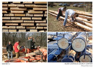 Improving the health of the forest provided the raw material to build a building. Approximately 90,000 board feet of site-harvested lumber was milled and dried locally, as shown in these photos, for use in the Legacy Center. - Photo Credit: The Kubala Washatko Architects, Inc.