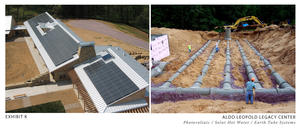 A 39-kW photovoltaic array, shown on the left, will produce approximately 62,000 kWh of electricity annually. Underground earth tubes, shown on the right, supply tempered ventilation air to the facility in all seasons. - Photo Credit: The Kubala Washatko Architects, Inc.