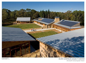 The Legacy Center was envisioned as a small complex of structures organized around a central courtyard, as shown in this photo. The design was intended to reduce the scale of the buildings on the site. - Photo Credit: The Kubala Washatko Architects, Inc./Mark F. Heffron