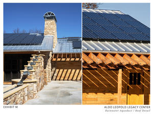 The recycled stone aqueduct shown on the left funnels rainwater into a rain garden and provides a focal point for the exterior courtyard. The photo on the right shows the standing-seam metal roof that provides a substrate for the rack-mounted photovoltaic cells. - Photo Credit: The Kubala Washatko Architects, Inc.