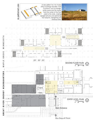 These main floor and second floor plans show a new pattern for 2 to 4 story office buildings relocating "core functions" such as storage, utility rooms and file rooms from the center of the floor plate to the ends, creating daylight atriums and optimizing the footprint, daylighting, and envelope area. - Photo Credit: Lucie Marusin / Perkins+Will