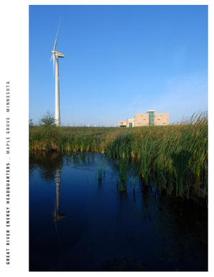 Coal and electricity have catapulted civilization through the industrial revolution and the information age into the anthropocene (human) epoch— simultaneously fueling our brightest opportunities and creating our greatest challenge, anthropogenic climate change. In response to this paradox, Great River Energy emphasizes energy efficiency and uses on-site renewable energy to power its new headquarters. Wind power, from turbines such as the one in this photograph, is a clear choice on the Great Plains. - Photo Credit: Lucie Marusin