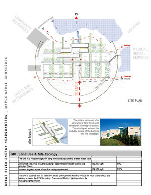 The site is patterned after agricultural farm fields with ‘windrows’ forming bio-swales. The site layout extends the modular nature of the building into the landscape. A recovered gravel pit, over 53 percent of the site has been restored with native and adapted plants. - Photo Credit: Don F. Wong / Perkins+Will