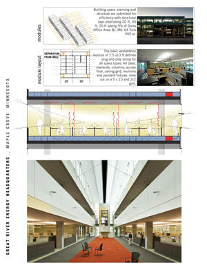 Building space planning and structure are optimized for efficiency, with alternating 20- and 30-foot structural bays, saving 9 percent of gross office area, $1.9 million, and 64 tons of CO2 per year. The basic workstation module of 7.5 by 10 feet defines "plug and play" sizing for all space types. A raised-access floor systems offers flexibility and control of supply air by occupants. Narrow floor plates provide abundant daylight. - Photo Credit: Don F. Wong / Lucie Marusin / Perkins+Will