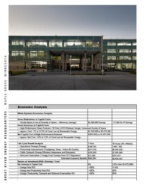 An important project goal was to develop a building that would demonstrate high-performance green design strategies that were both practical and replicable. This table summarizes an economic analysis of the project's green elements. After attributing the 10% space reduction and associated capital cost savings to the high-performance green features for constructing ‘quality space in lieu of quantity of space’, an estimated net capital cost increase of less than 0% to about 3.5% is estimated for the building's green design (LEED Platinum) features, including on-site generation of 14.5% of the energy used by the building. Return on investment is estimated to be at least 11.5%, if only energy savings are considered. - Photo Credit: Don F. Wong
