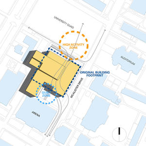 This drawing shows the building in its context on the university campus, with the original building footprint, quiet zone, and high-activity zone - Photo Credit: VJAA