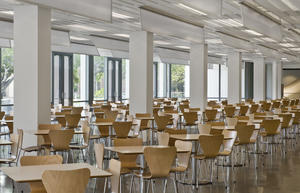 The main dining hall, shown in this photo, is daylit and naturally ventilated. - Photo Credit: Paul Crosby