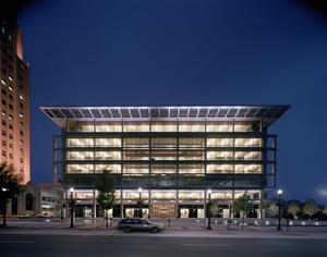 In this photograph, the Plaza at PPL is lit up at nighttime. - Photo Credit: Peter Aaron - Esto