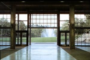 The international fountain is shown in this photograph taken from the building's interior space. - Photo Credit: Doug Mikko
