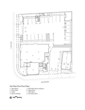 This street-level plan shows two retail spaces at corner screening the retail parking area. - Photo Credit: Office of Jerome King, AIA