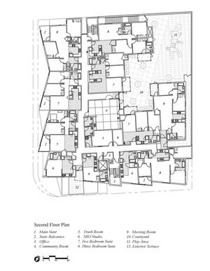 The second floor plan shows double-loaded interior day-lit corridors and protected courtyard play areas. - Photo Credit: Office of Jerome King, AIA