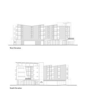 These elevation drawings show the Gish Apartments from the west and south. - Photo Credit: Office of Jerome King, AIA