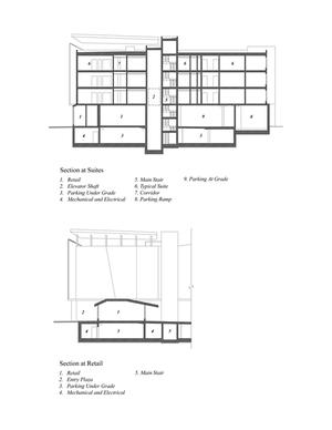These sections show the Gish Apartments and street-level retail space. - Photo Credit: Office of Jerome King, AIA