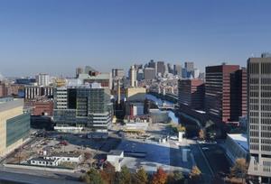 Genzyme Center, shown in this photo, is located in the area generally known as Kendall Square, at the heart of a district framed by the MIT campus, the Charles River, and the East Cambridge neighborhood. - Photo Credit: Roland Halbe