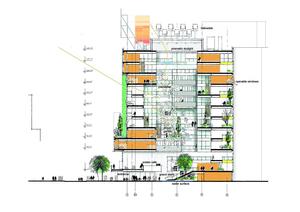 This drawing shows a cross section through the atrium of Genzyme Center. - Photo Credit: Behnisch, Behnisch & Partner