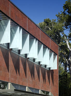 This photograph shows the sunshade detail of the east facade. - Photo Credit: Tim Griffith