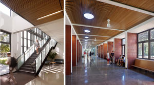 This pair of photographs shows the main entry and stair (left) and great Hall looking west, showing solar tube daylighting and ceiling fans (right). - Photo Credit: Tim Griffith