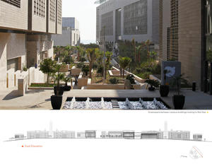 Green space between campus buildings looking to Red Sea. (East Elevation.) - Photo Credit: J. Picoulet