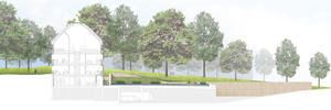 This image shows the north - south section through the building and landscape. - Photo Credit: The Olin Studio