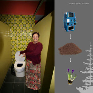 This photo of a composting toilet has a diagram displaying the composting process. - Photo Credit: Architerra