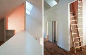 View from loft over top of marriage wall (left). Integrated ladder allows access to loft (right). - Photo Credit: Ken McCown