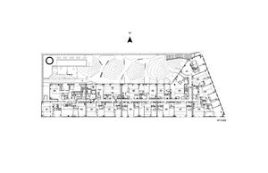 This floorplan drawing shows the first floor, including the outdoor terrace. - Photo Credit: Office dA / Burt Hill