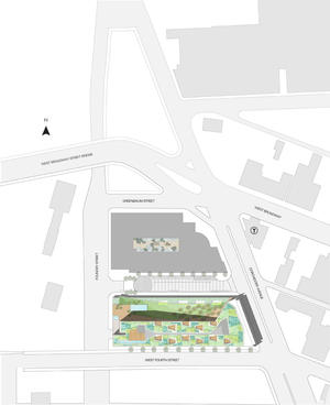 The building is located in a dense urban neighborhood, as shown in this site plan. - Photo Credit: Office dA