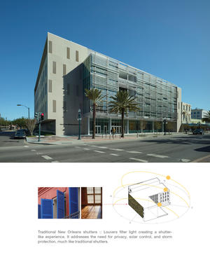 Louvers filter light creating a shutter-like experience while addressing the need for privacy, solar control, and storm protection, much like traditional New Orleans shutters. - Photo Credit: Timothy Hursley