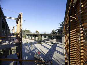 This image shows the library across the plaza. - Photo Credit: Tim Griffith