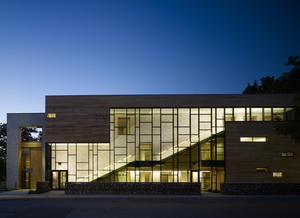 This photo shows the south elevation at night. - Photo Credit: Steve Hall, Hedrich Blessing