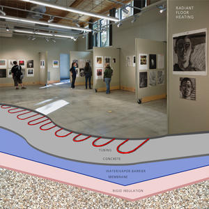 This image shows the main gallery with a cutaway drawing showing the radiant floor system and floor assembly. - Photo Credit: Photo, Chuck Choi; Drawing, Architerra
