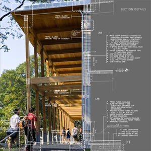 This photo of the colonnade and wall section shows the construction detailing of the exterior envelope. - Photo Credit: Photo, Chuck Choi; Drawing, Architerra