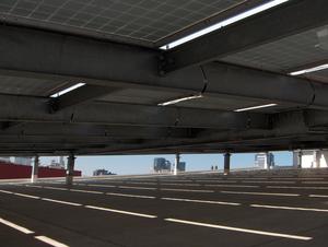 The PV system is mounted on a galvanized steel superstructure on the EpiCenter's roof. - Photo Credit: Jorge Barrientos - UMass Lowell