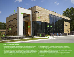 This photo shows the building from the southwest, and is labelled to indicate sustainable strategies such as stormwater retention, daylighting, and salvaged wood. - Photo Credit: Steve Hall, Hedrich Blessing
