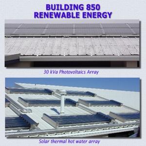 These photos show the 30 kVa photovoltaic array as well as the solar thermal hot water array employed at Building 850. - Photo Credit: CTG Energetics, Inc.