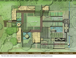 This plan view of the garden shows the arrangement of buildings and outdoor spaces around the central courtyard. - Photo Credit: Lake|Flato Architects