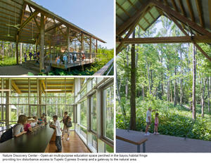 These photographs show interior and exterior views of the educational space, which provides low-impact access to a tupelo cypress swamp. - Photo Credit: Hester + Hardaway Photography