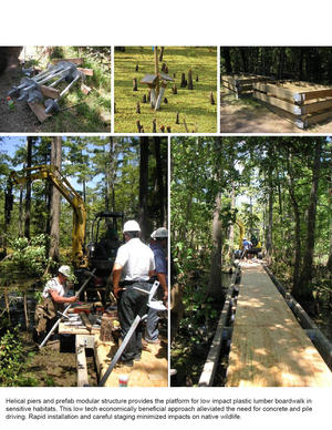 The helical piers and prefabricated modular structure shown in these photographs minimized impact on site and wildlife during construction of the boardwalk. - Photo Credit: Lake|Flato Architects