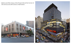 Before and After View of Project Site at 14th Street and 5th Avenue in Manhattan - Photo Credit: Photos © SOM (left) and James Ewing (right)
