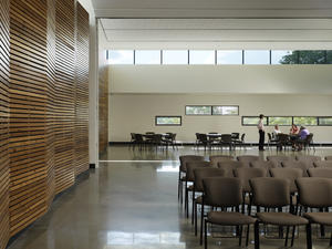 This photo shows the social hall area as seen from the sanctuary. - Photo Credit: Steve Hall, Hedrich Blessing
