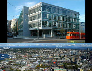 The upper photograph is a pedestrian view of the Terry Thomas at the corner of Terry Avenue North and Thomas Street looking southwest. The lower photograph is of the surrounding vicinity looking east from the Space Needle. - Photo Credit: Gabe Hanson