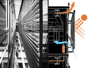 This is a photograph of the computer automated blinds and an environmental wall section diagram. - Photo Credit: Gabe Hanson