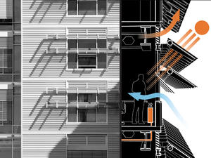 This is a photograph of the glass sunshades and an environmental wall section diagram. - Photo Credit: Gabe Hanson