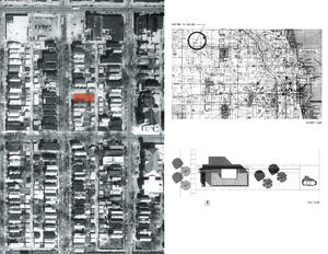 Located in Chicago's Hermosa neighborhood, shown in this aerial photograph, Factor 10 House is sited on a narrow city lot with adjacent houses. - Photo Credit: Esherick Homsey Dodge & Davis