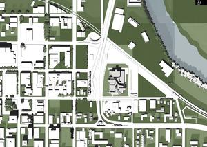 This plan drawing shows the courthouse as well as the adjacent urban context and neighboring river. - Photo Credit: Morphosis